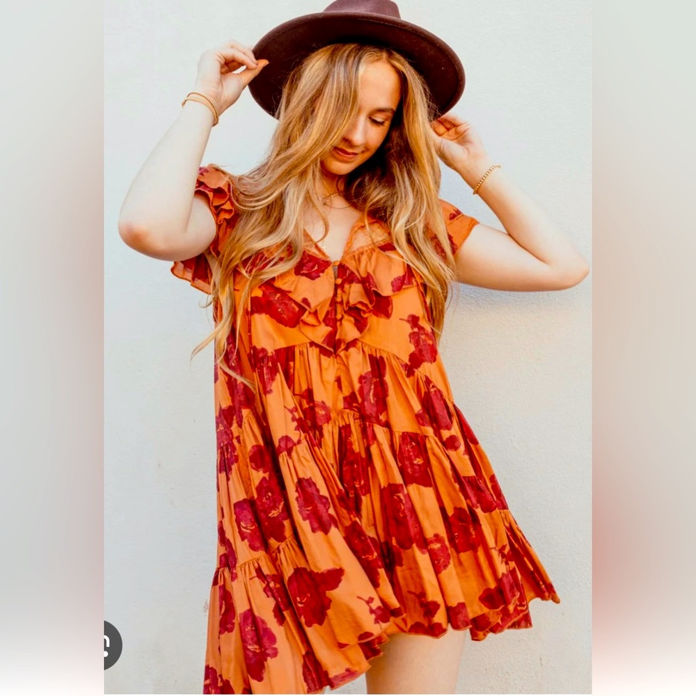 Free People Tilly Printed Tunic Dress in Coral -XS